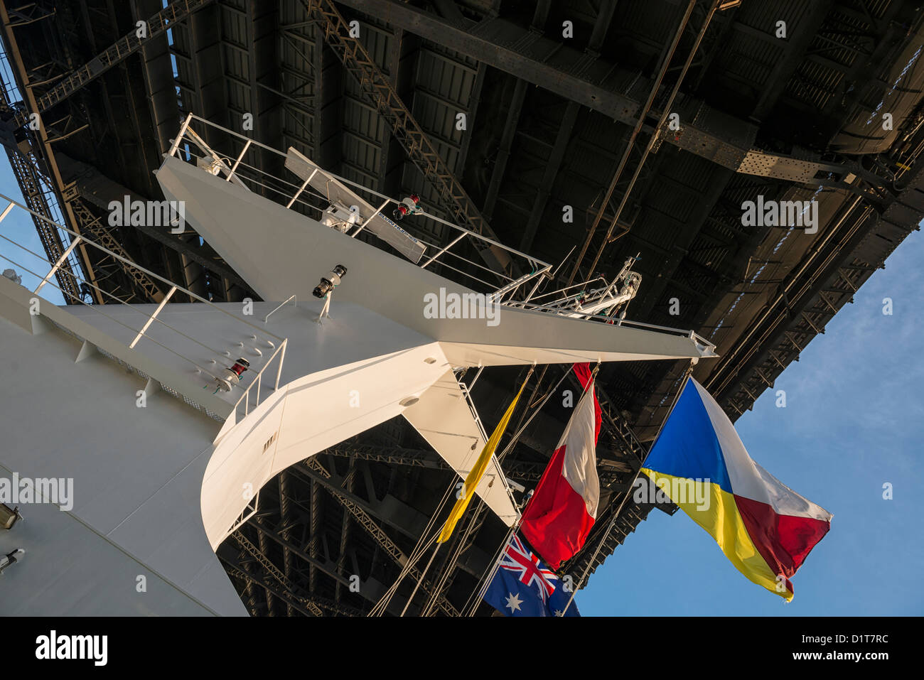 The Mast of the Cruise Ship P&O Pacific Pearl Sailing under the Sydney Harbour Bridge. Stock Photo