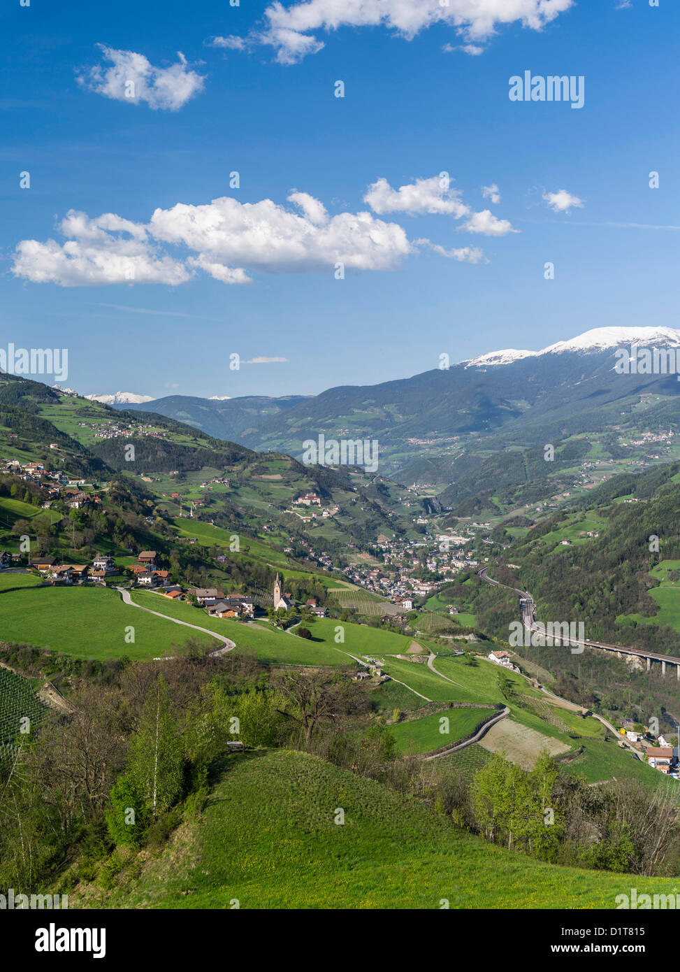 Eisack valley near Klausen, view towards Klausen and the Brenner pass (Brenner). Italy, South Tyrol. Stock Photo