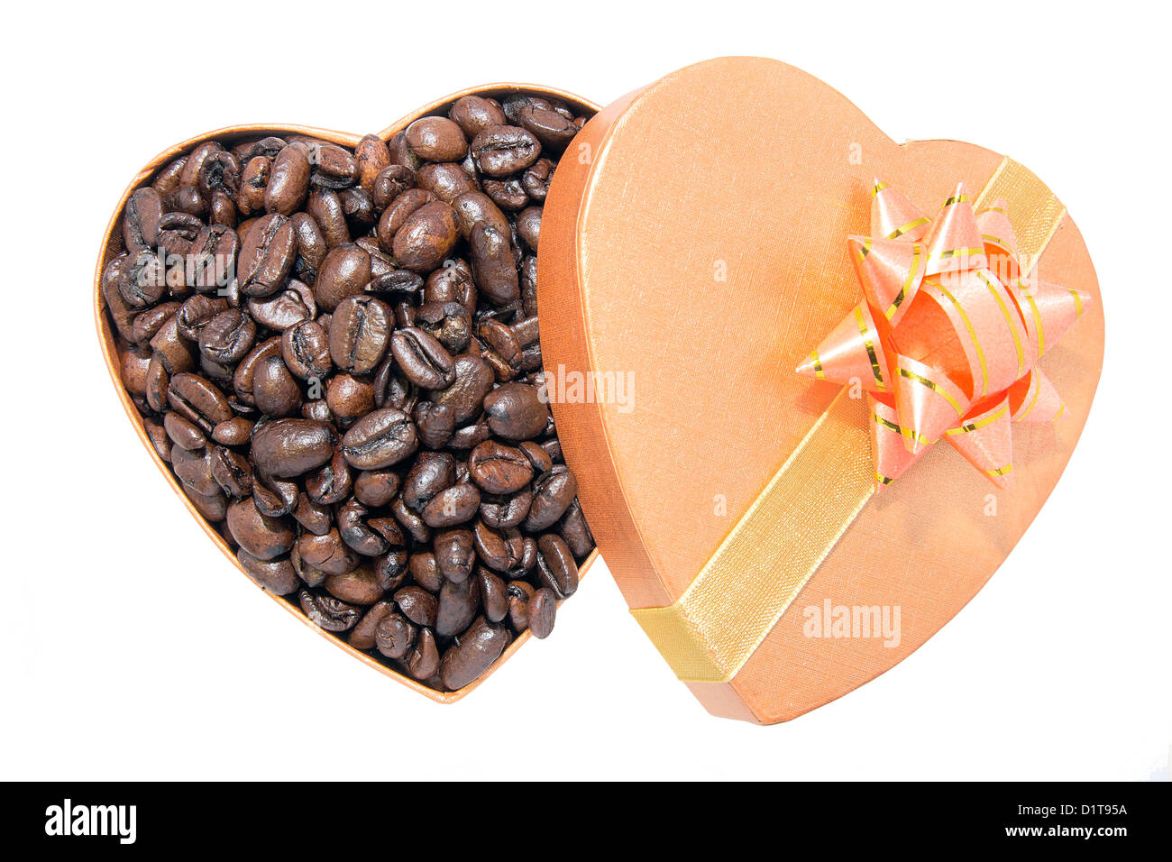 Roasted Coffee Beans in Heart Shaped Gift Box Isolated on White Background Stock Photo