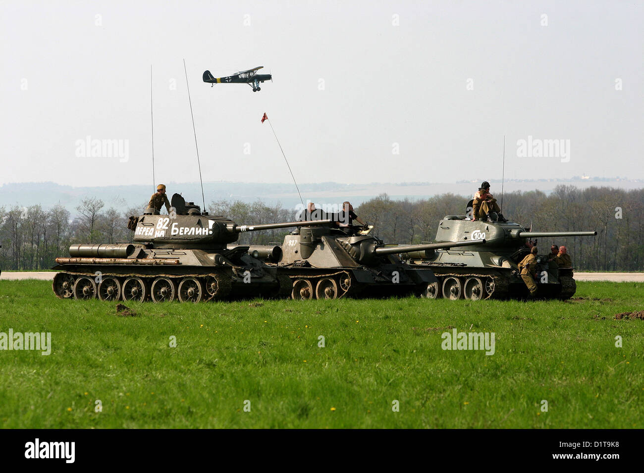 Reconstruction of the Battle of World War II, the liberation of Ostrava, Airfield Mosnov, Czech Republic. tanks T-34 Red Army, re-enactment Stock Photo