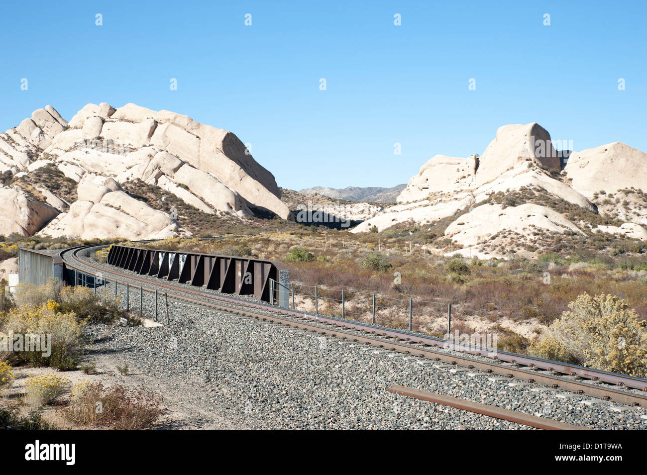 Railroad tracks and bridge near Mormon Rocks in Cajon Pass, San