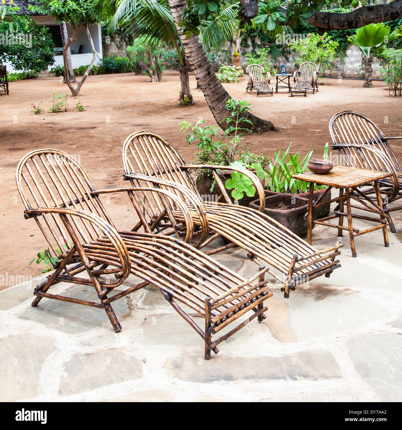 Kenya. Elegant furniture made of wood in an African garden Stock Photo
