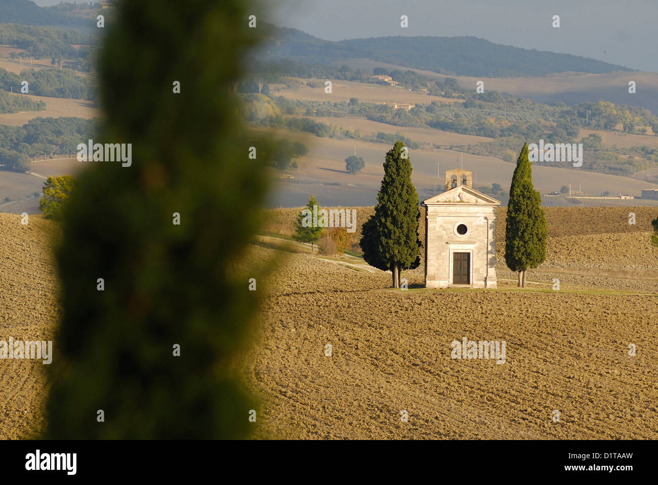 Vitaleta small church, San Quirico d’Orcia Val d'Orcia landscapes, Siena, Tuscany, Italy Stock Photo