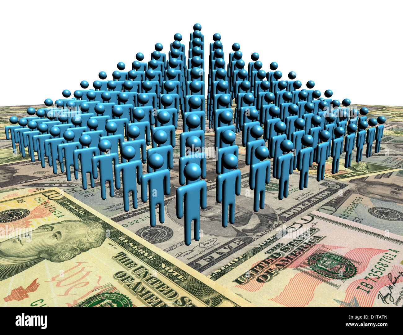 Pyramid of abstract people on American dollars illustration Stock Photo