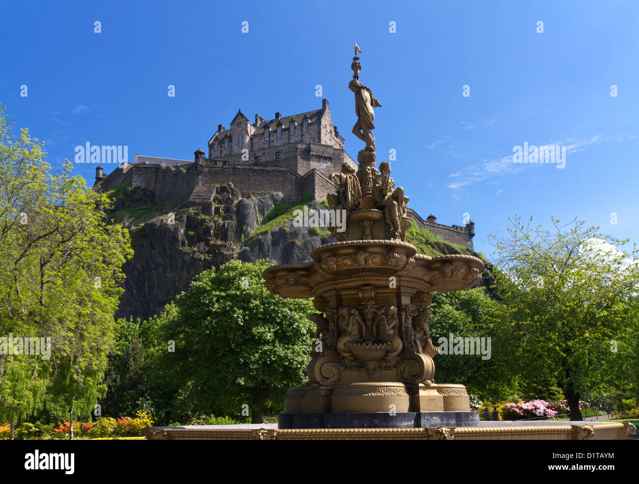 View of Edinburgh Castle from Princes Street Gardens with the Ross Fountain, Scotland, Europe Stock Photo