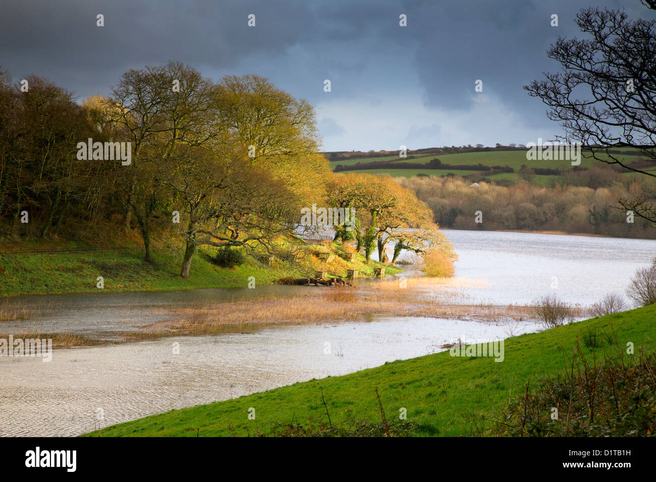Loe Pool; Flood Conditions; Penrose; Cornwall; UK; Winter Stock Photo