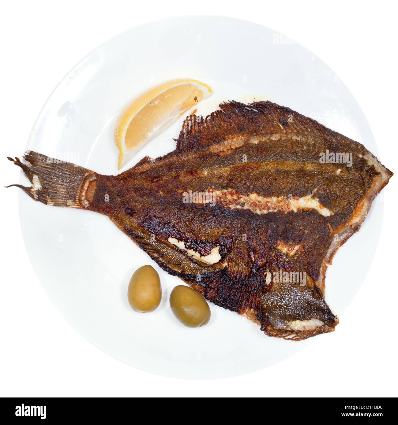 top view of fried sole fish on plate isolated on white background Stock