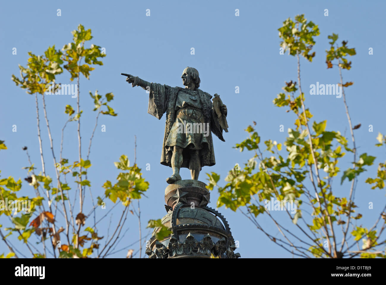 Barcelona, Catalonia, Spain. Monument a Colom / Monument to Columbus (1888) Statue on top Stock Photo