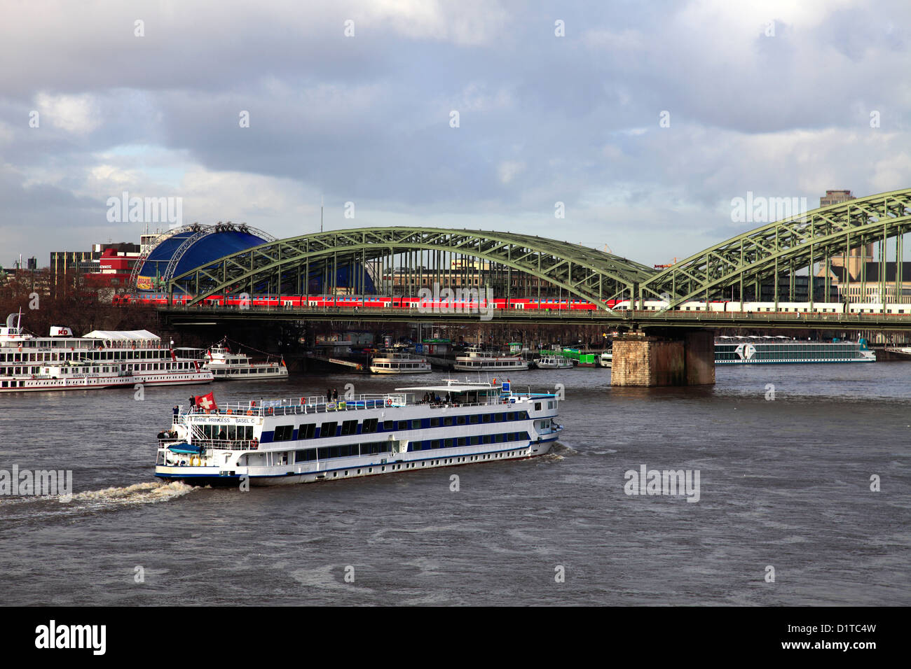 Cruise ships along the river Rhein, Cologne City, North Rhine-Westphalia, Germany, Europe Stock Photo