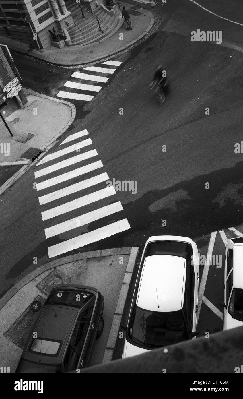 Zebra crossings and cyclist,viewed from above,Dieppe, France, Black and
