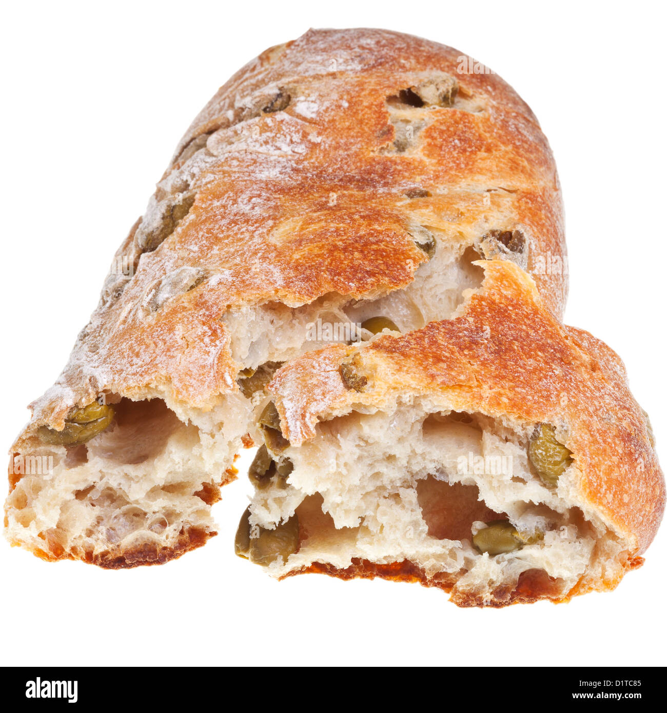 Mediterranean bread with green olives isolated on white background