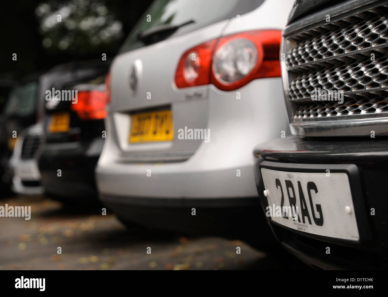 Parked cars at a DVLA Auction of Personalised Registrations at the Dormy House Hotel near Broadway, Worcestershire Stock Photo