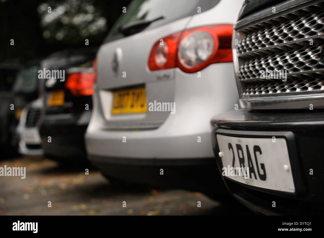 Parked cars at a DVLA Auction of Personalised Registrations at the Dormy House Hotel near Broadway, Worcestershire Stock Photo