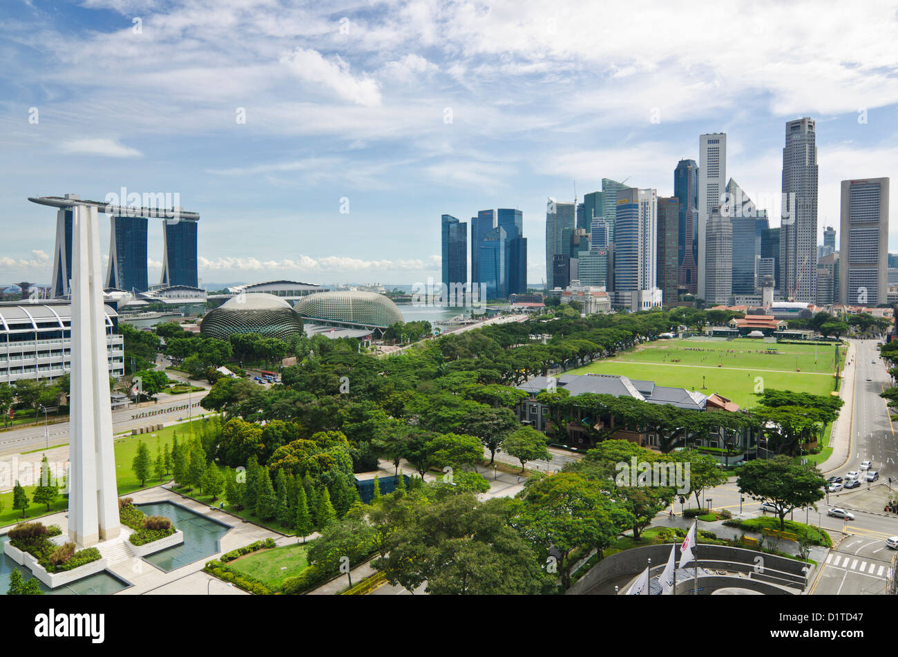 Singapore City skyline overlooking the Padang, Marina Bay and Downtown Core Central Business District Stock Photo