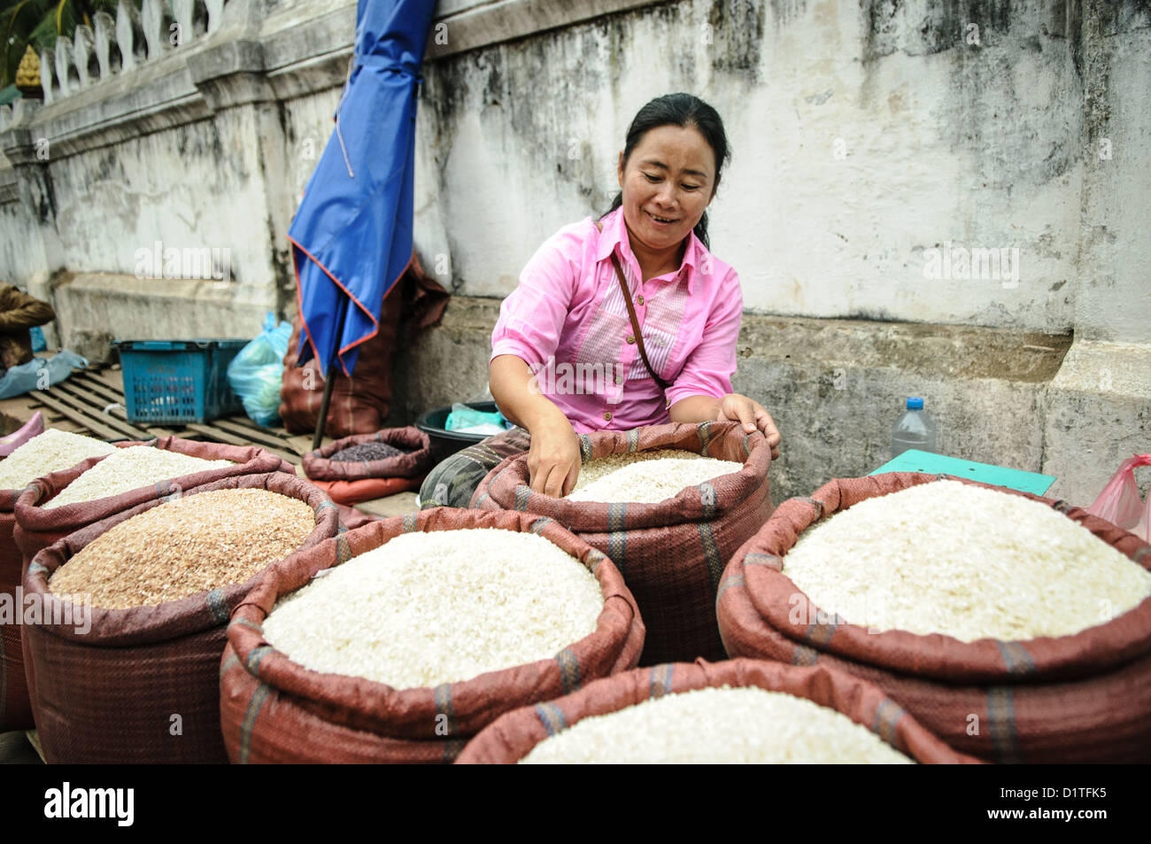LUANG PRABANG, Laos Sacks of rice for sale. The morning market in