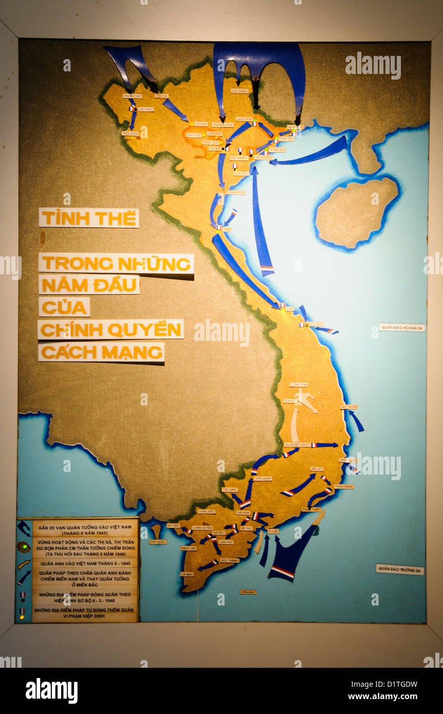 HANOI, Vietnam - HANOI, Vietnam - A maps showing the military campaigns of the First Indochina War against the colonial French armies. The museum was opened on July 17, 1956, two years after the victory over the French at Dien Bien Phu. It is also known as the Army Museum (the Vietnamese had little in the way of naval or air forces at the time) and is located in central Hanoi in the Ba Dinh District near the Lenin Monument in Lenin Park and not far from the Ho Chi Minh Mausoleum. Stock Photo