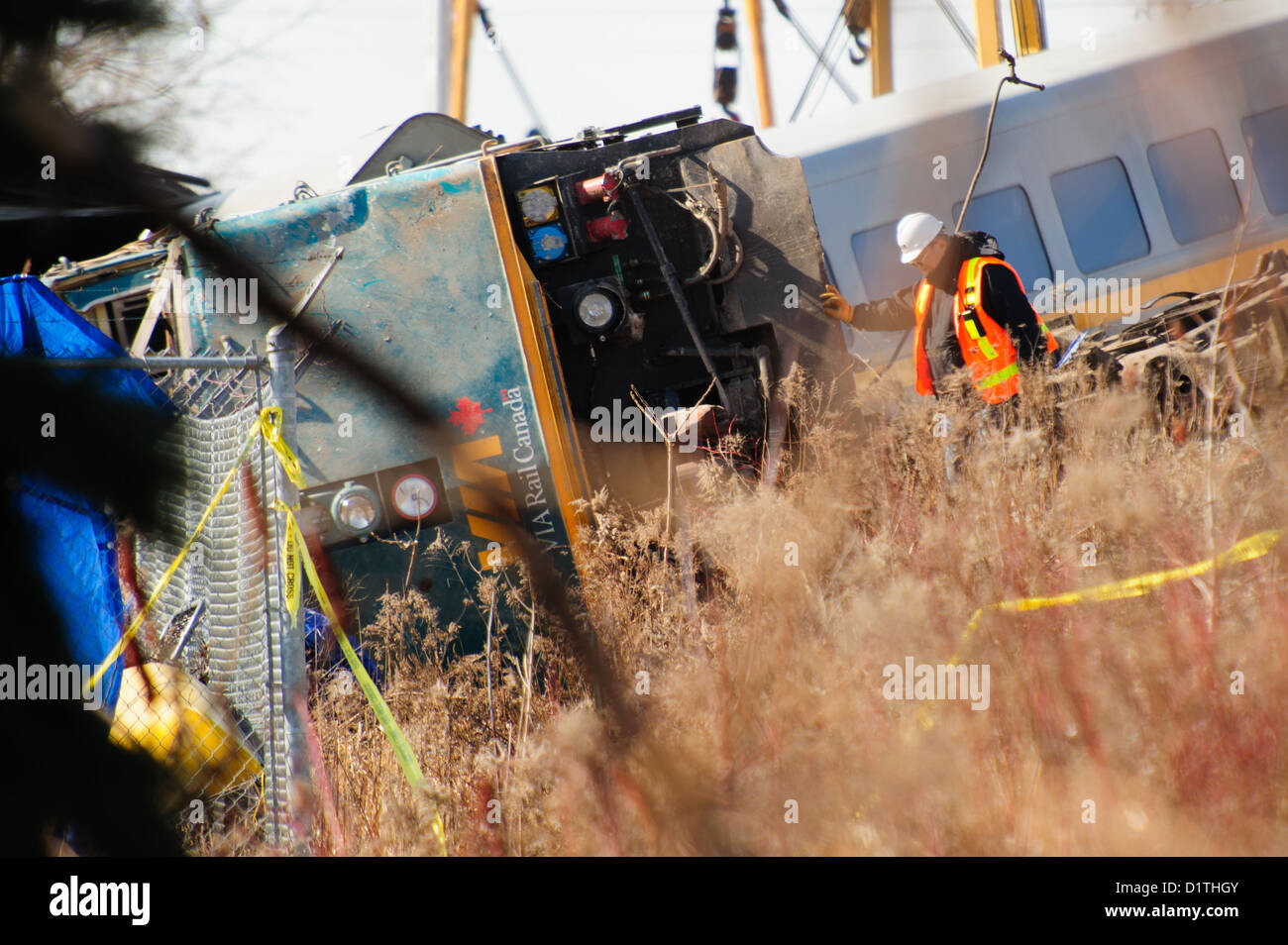 Transport Canada, working with VIA Rail, investigate the fatal derailment of a VIA train in Burlington, Ontario Stock Photo