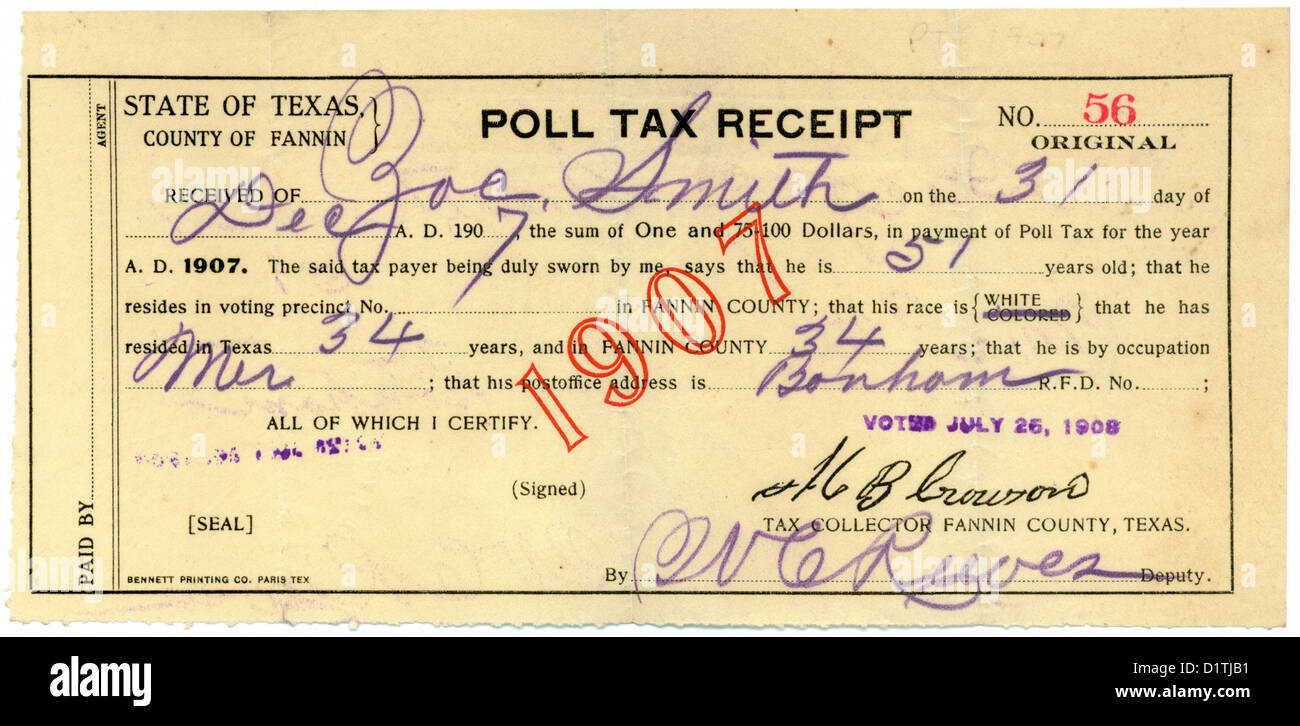 1907 Poll Tax Receipt issued in Fannin County Texas Stock Photo Alamy