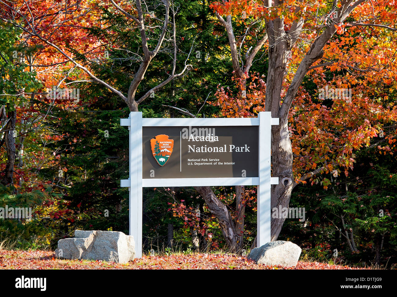 National Park Service sign at the enterence of Acadia, Maine USA Stock Photo