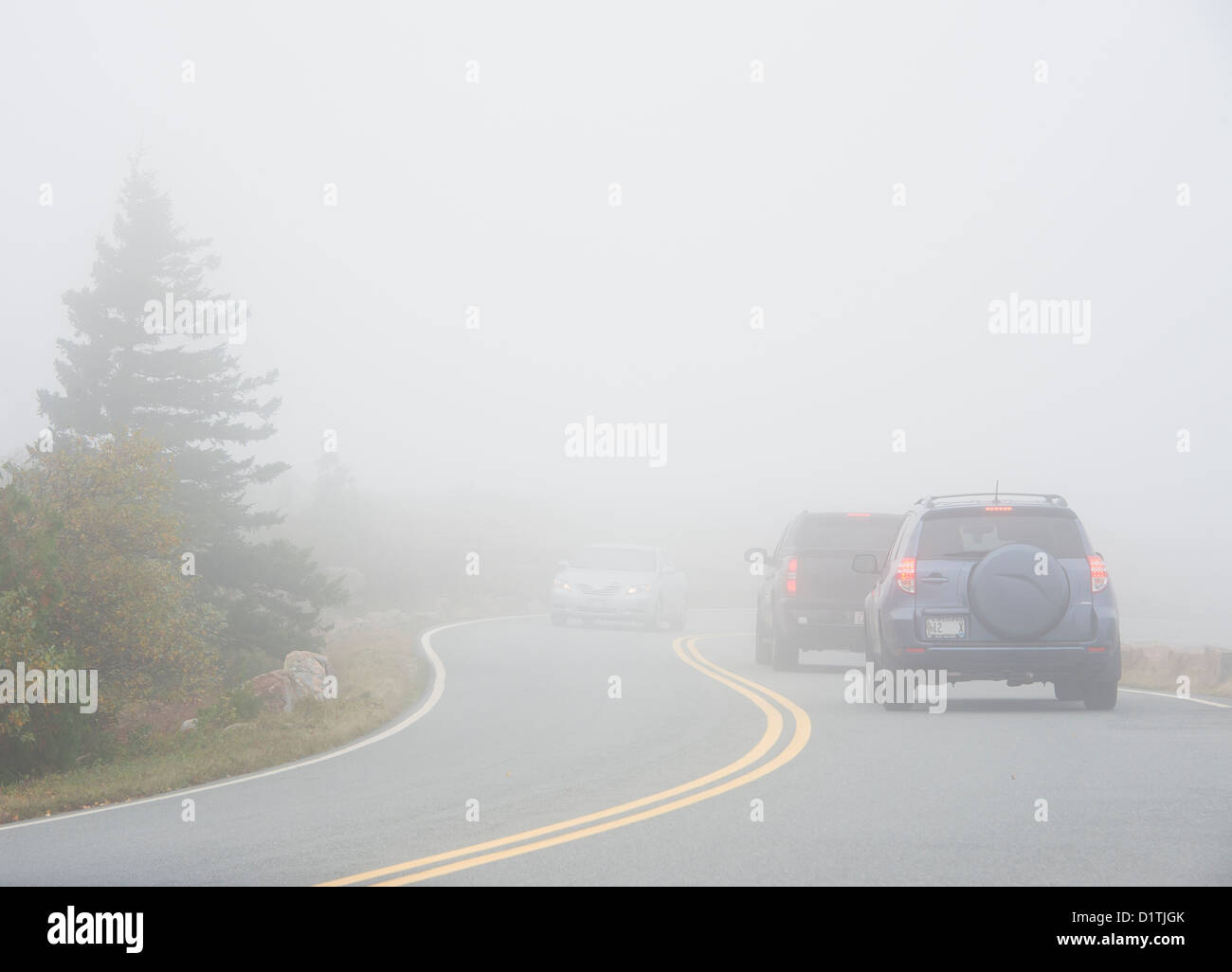 Driving in low visibility conditions, Cadillac Mountain, Acadia National Park, Maine, USA Stock Photo