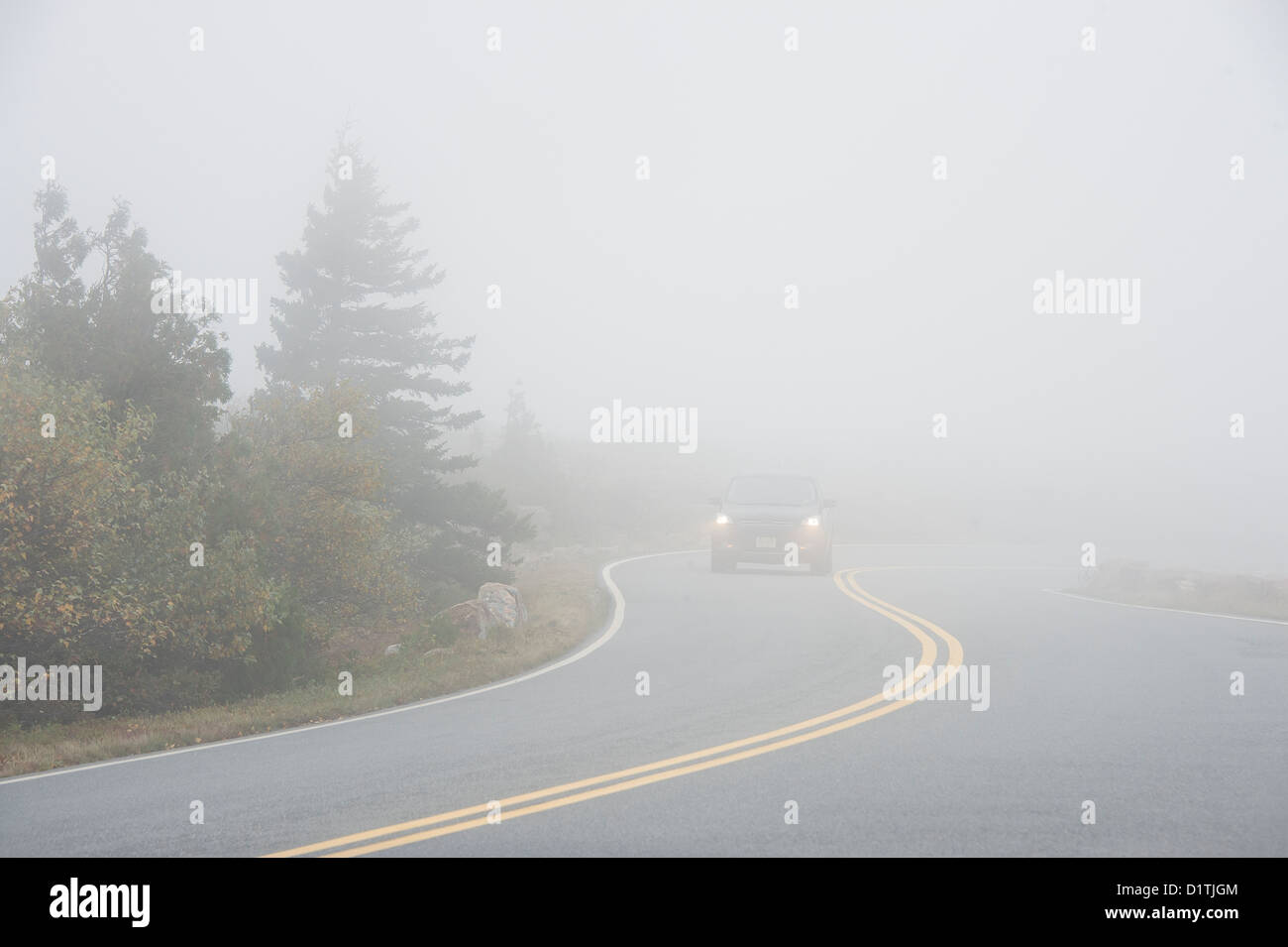 Driving in low visibility conditions, Cadillac Mountain, Acadia National Park, Maine, USA Stock Photo