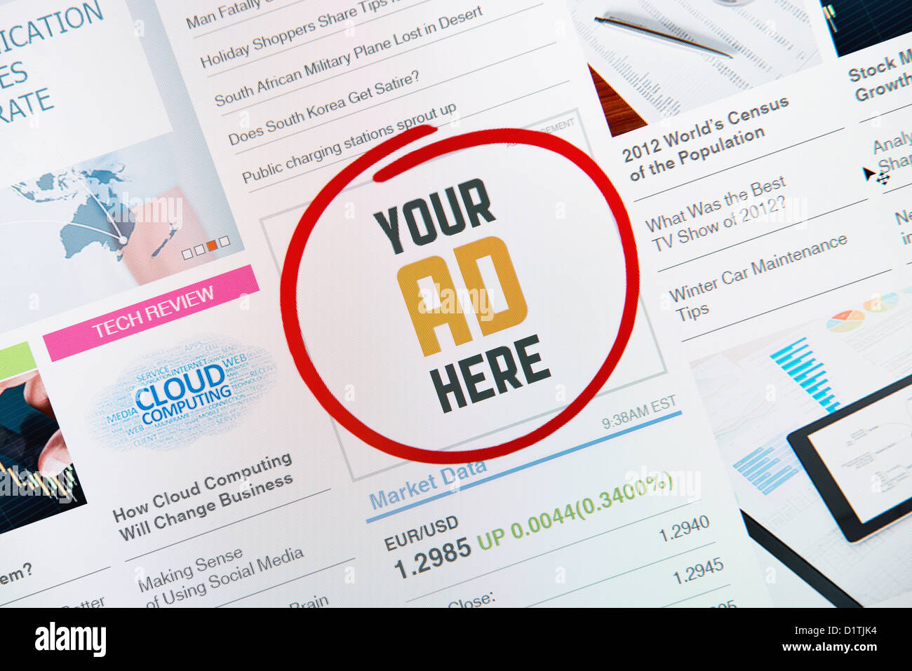 Online internet banner with text 'YOUR AD HERE' on a web page. Stock Photo