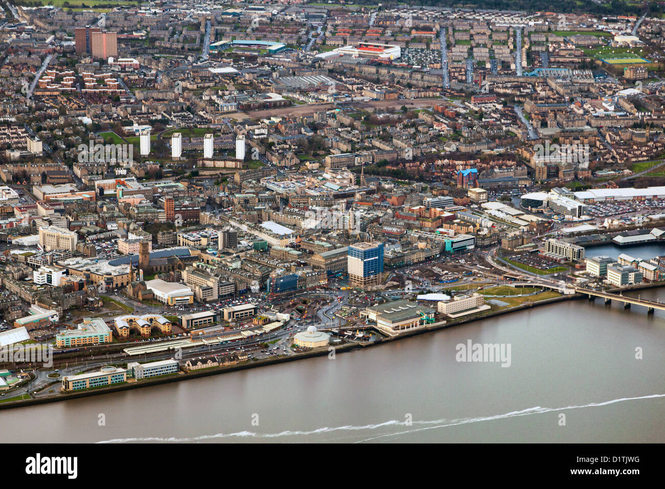 Aerial view of Dundee, the River Tay and the Road/Rail Bridge(s) Stock Photo