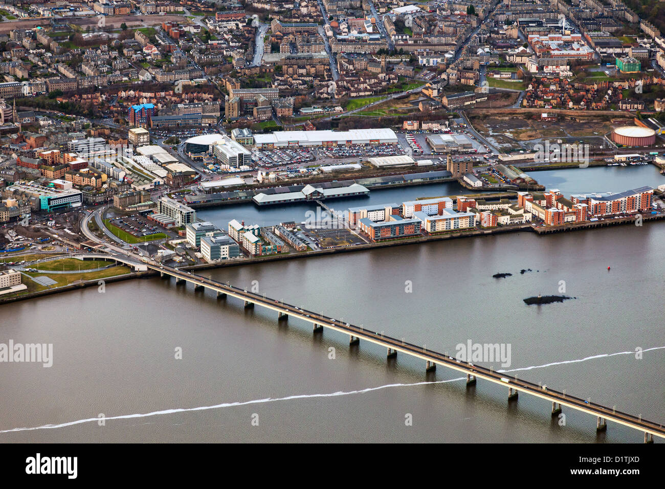 Aerial view of Dundee, the River Tay and the Road/Rail Bridge(s) Stock Photo