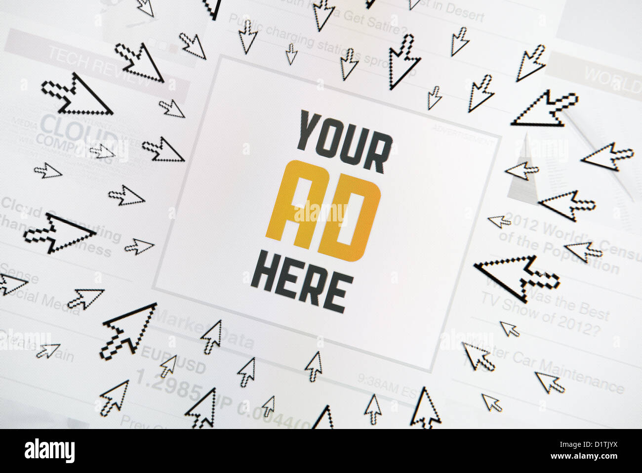 Success internet banner with text 'YOUR AD HERE' and lot of clicking pointers around. Conceptual image. Stock Photo