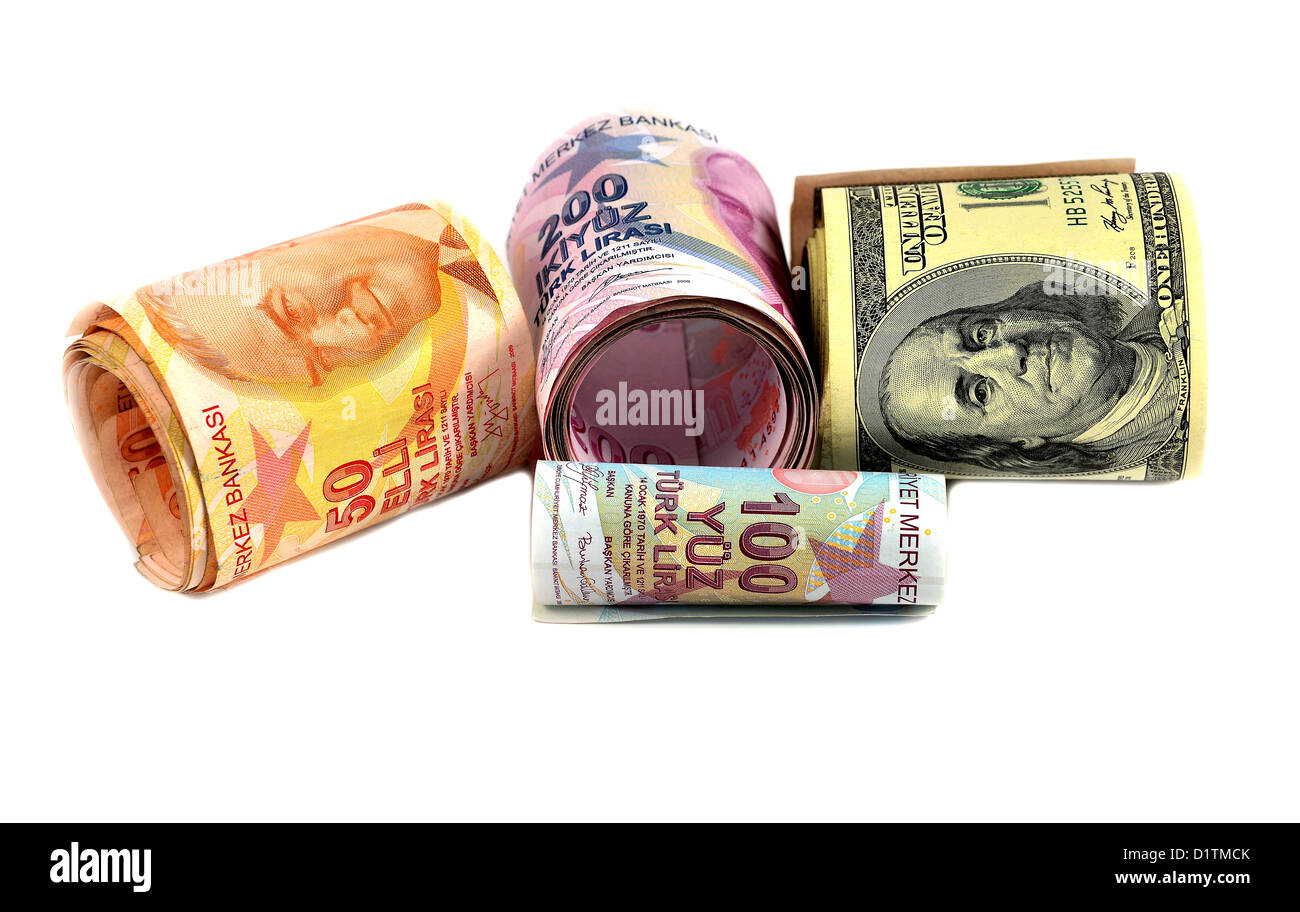 money, dollars, Turkish money isolated on white background Stock Photo