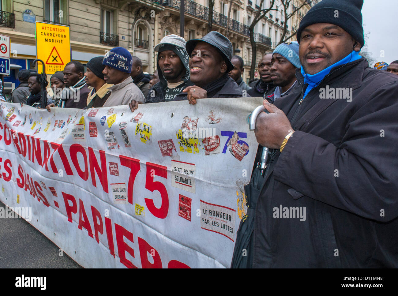 Paris, France, Aliens Without Papers Protesting French Government, African Immigrants Marching with Banners, activist protest, europe migrants, immigrant labor, black community Paris, immigrant worker france Europe Stock Photo