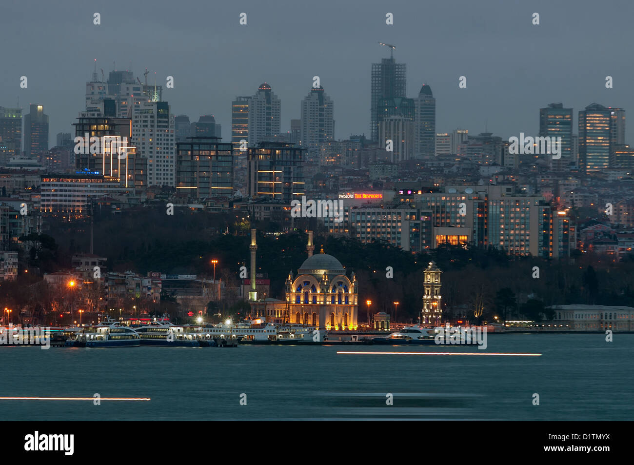 Dolmabahce Mosque and Clock Tower,Skylines in the backround,istanbul,Turkey Stock Photo