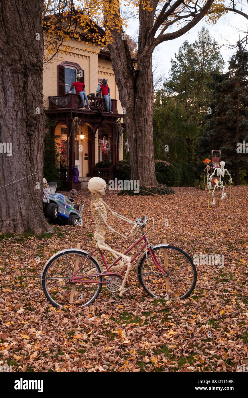 Halloween Decorations at Dusk, Two Story Showcase Home, USA  2012 Stock Photo