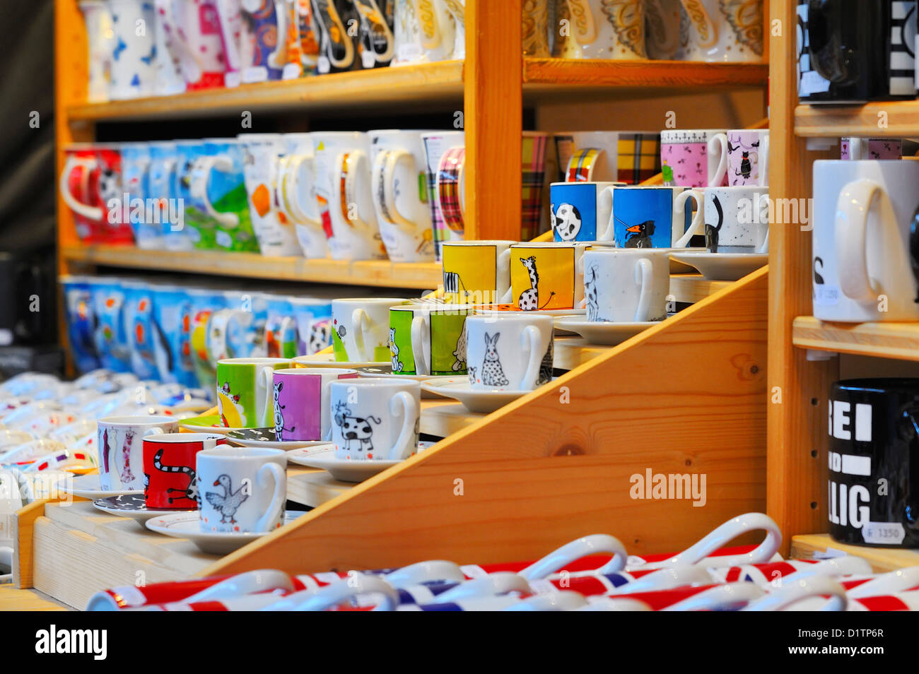 Colorful cups and dishes at the 2012 Christmas Market Basel, Switzerland. Stock Photo