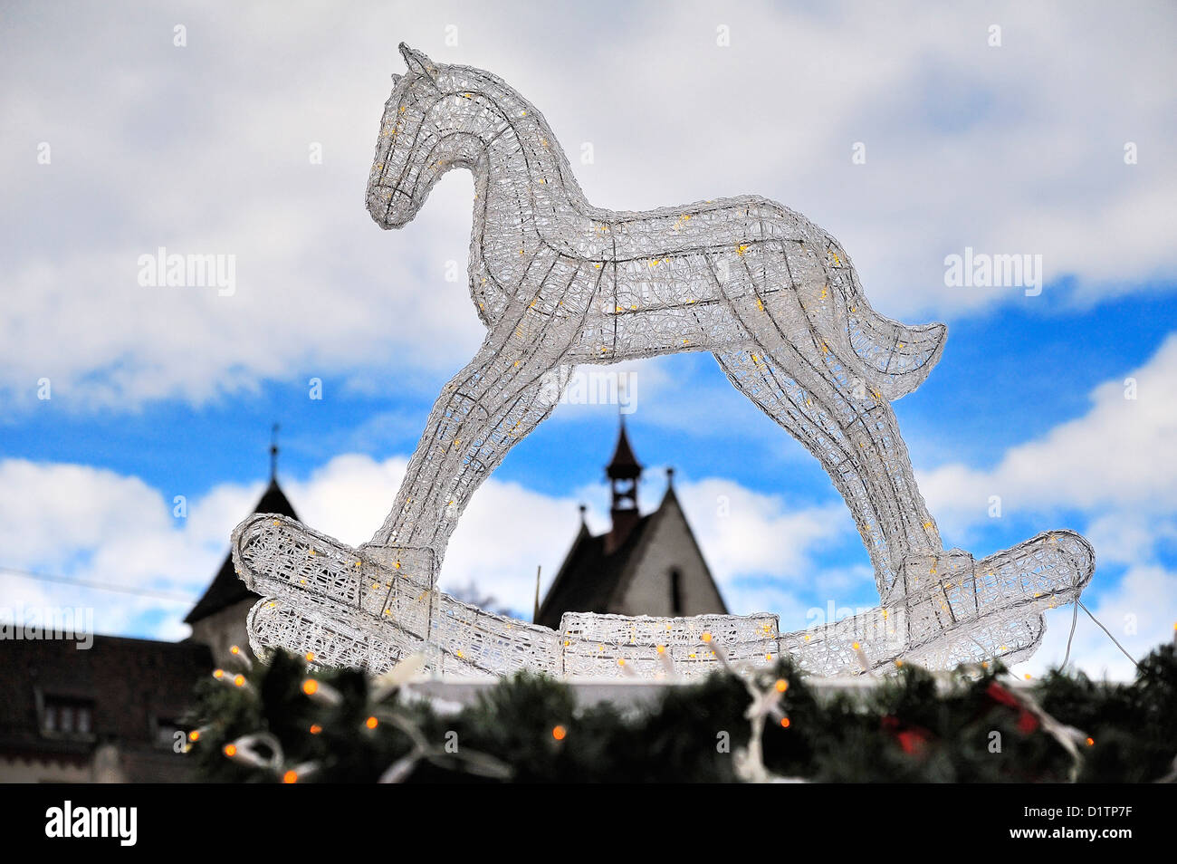 Horse shaped Christmas light at the Christmas Market in Basel, Switzerland. Stock Photo