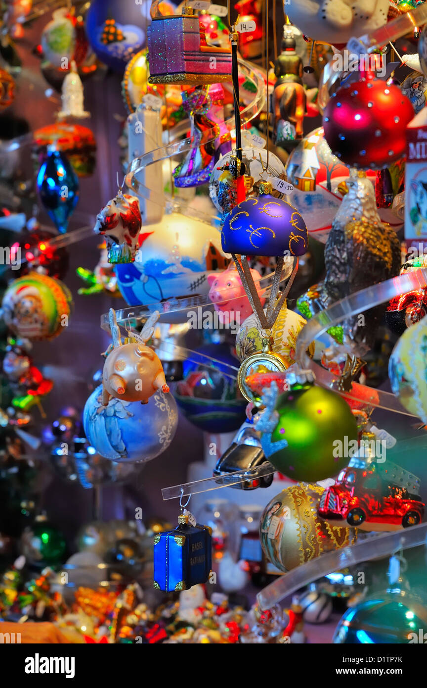 Coloful Christmas ornaments at the Christmas Market in Basel, Switzerland. Stock Photo