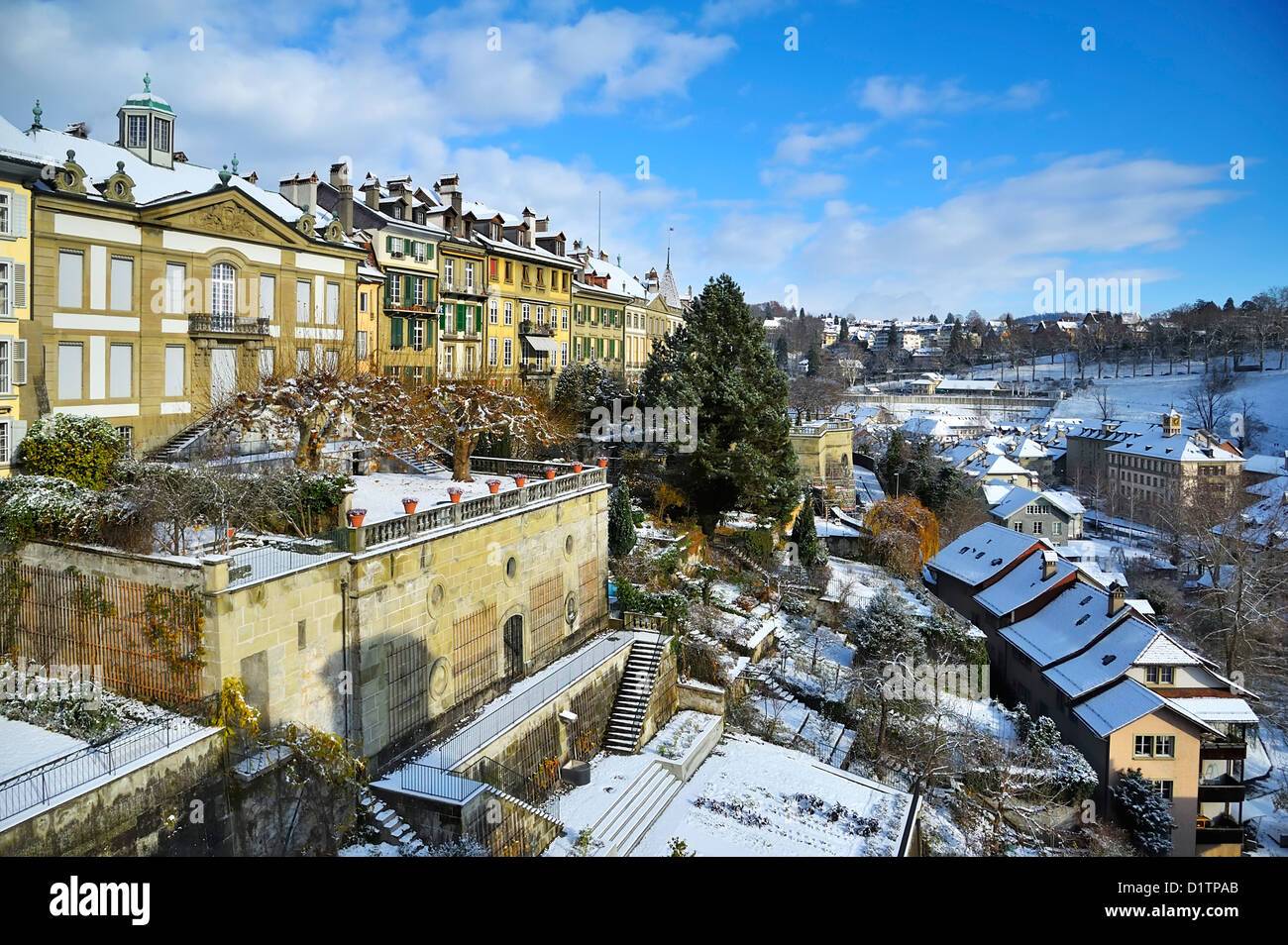 First snow covers the capital city of Bern, Switzerland. Stock Photo