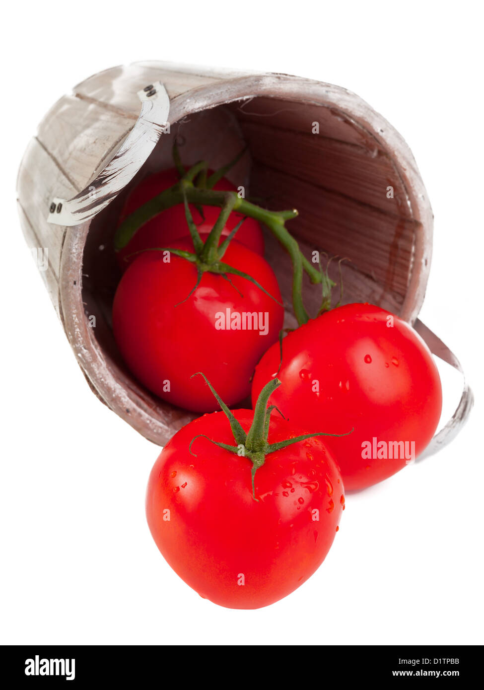 Fresh organic tomatoes in wooden basket isolated on white background ...