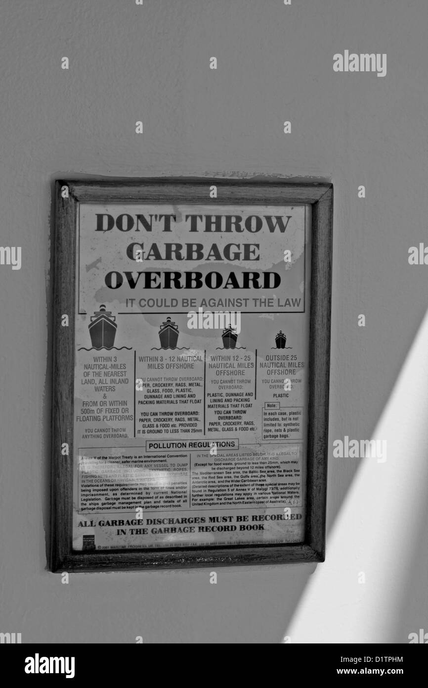 Notice On The Cunard Cruise Ship Queen Mary 2 Advising Not To Pollute The Sea By Throwing Garbage Overboard Stock Photo Alamy