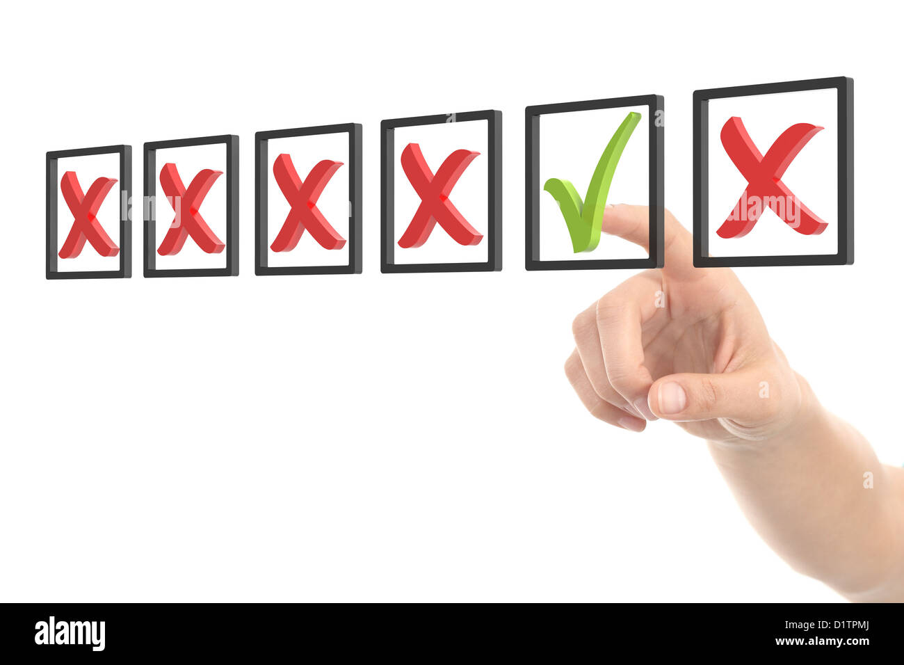 Woman hand checking tick and cross box on a white isolated background