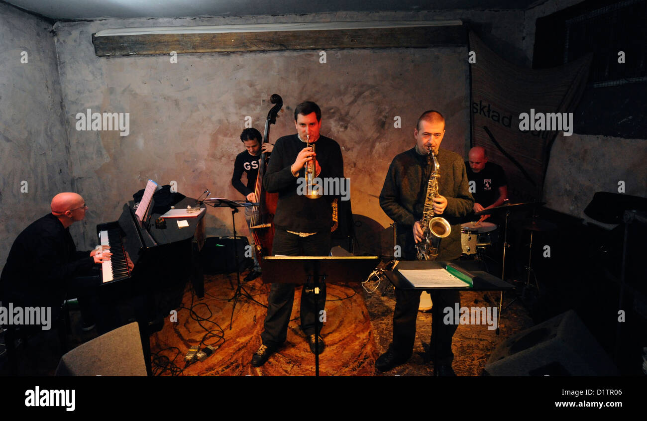 Contemporary jazz group performs in a cellar jazz club in the bohemian