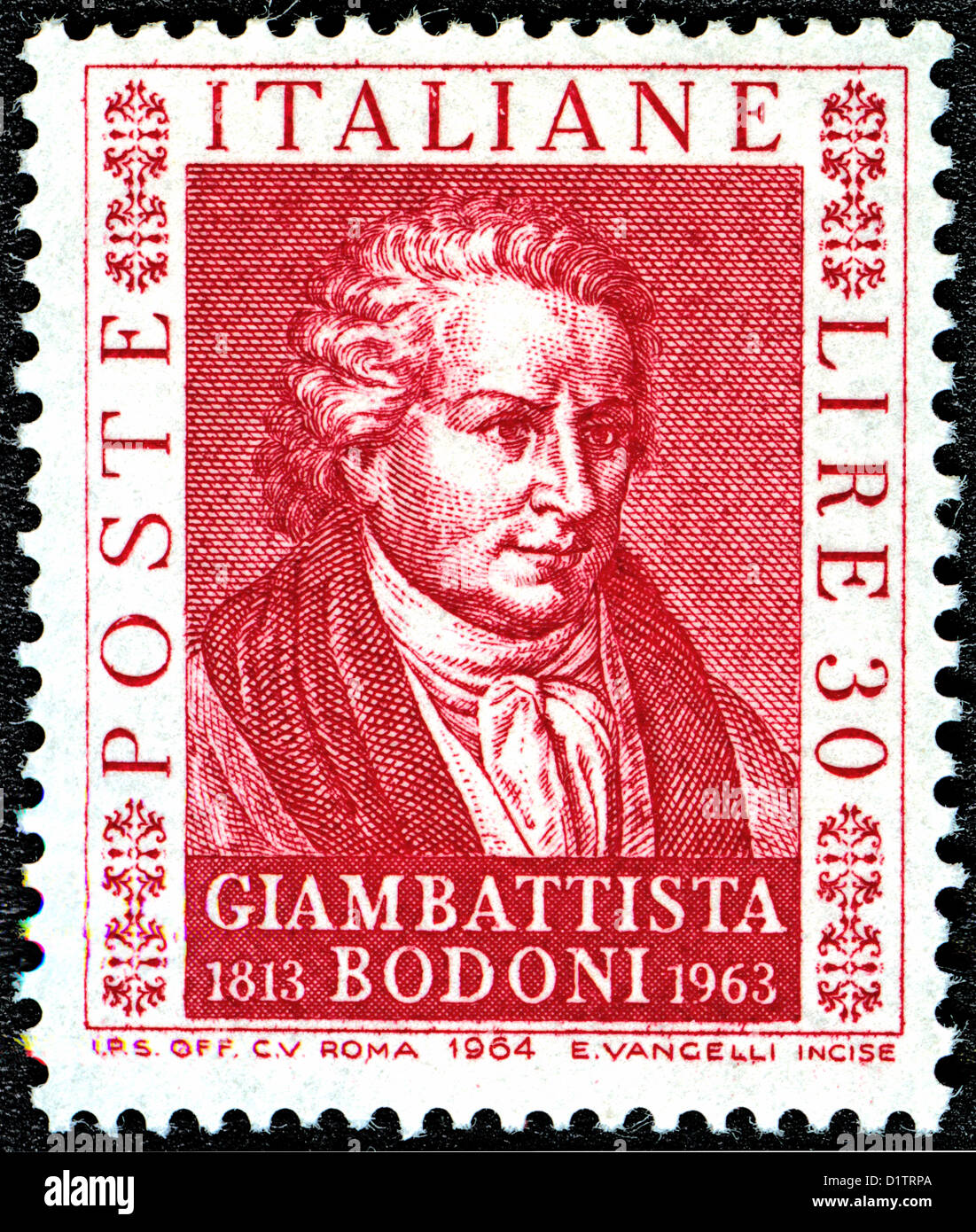Giambattista Bodoni (February 16, 1740 in Saluzzo – November 29, 1813 in Parma) was an Italian typographer, type-designer.... Stock Photo