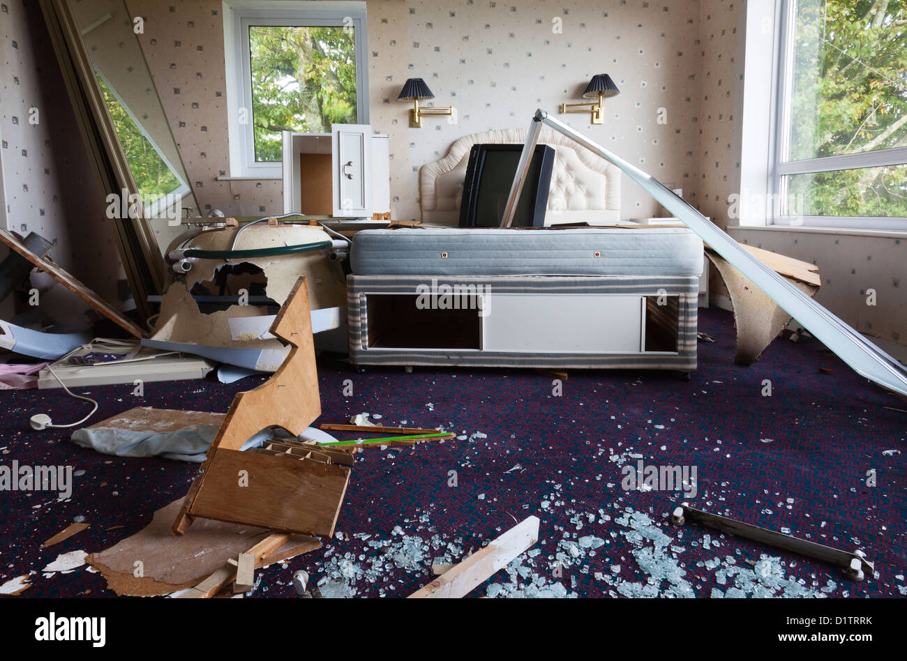 Trashed hotel room Stock Photo Alamy
