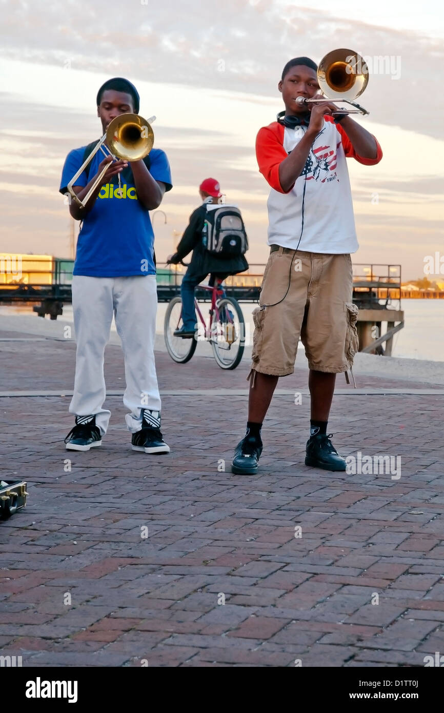 Two young trombonists  played on Mississippi coast, New Orleans, state of Louisiana, USA, North America, Stock Photo
