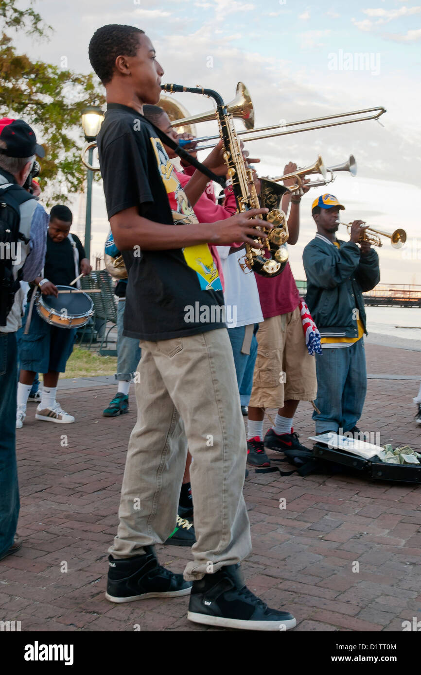 College jazz band meets by music coming cruise ship, New Orleans, state of Louisiana, USA, North America, Stock Photo