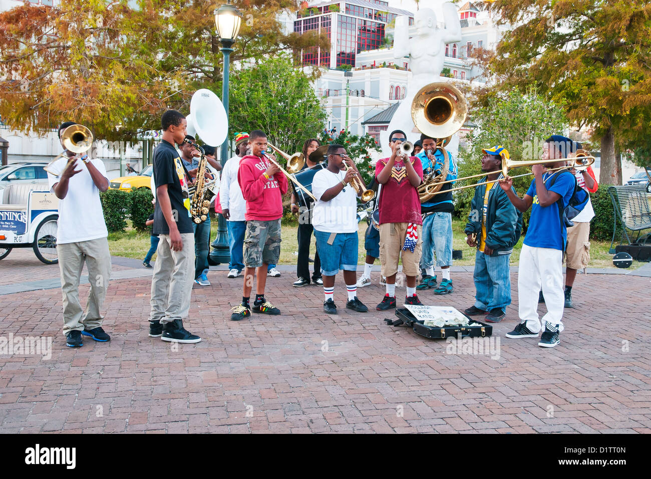 College jazz band meets by music coming cruise ship,  New Orleans, state of Louisiana, USA, North America Stock Photo
