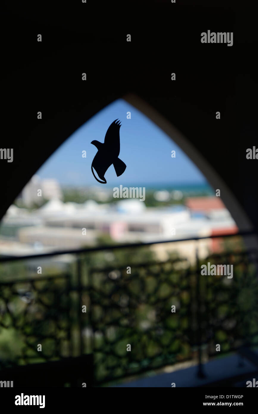 Bird flying window silhouette Stock Photo