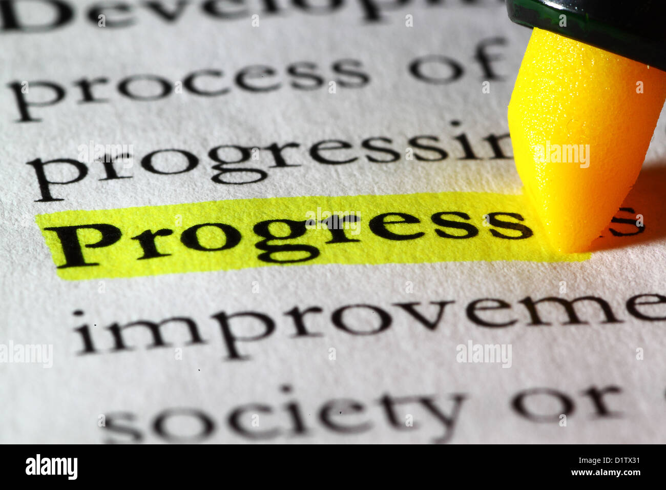Word progress highlighted with a yellow marker Stock Photo