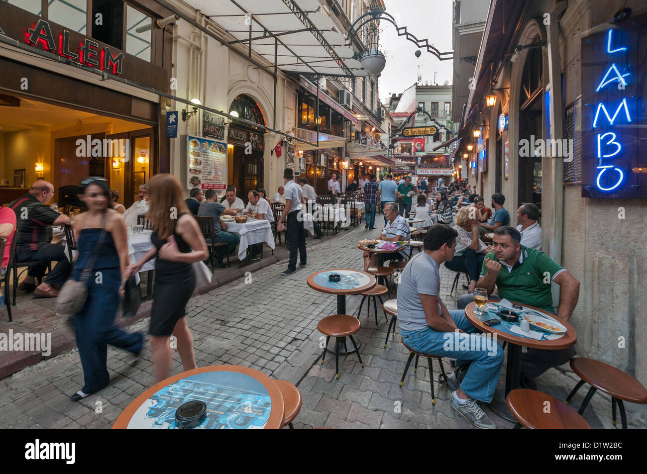 The lively Nevizade Street (Nevizade Sokak) in Beyoglu, located in the modern part of Istanbul,Turkey Stock Photo