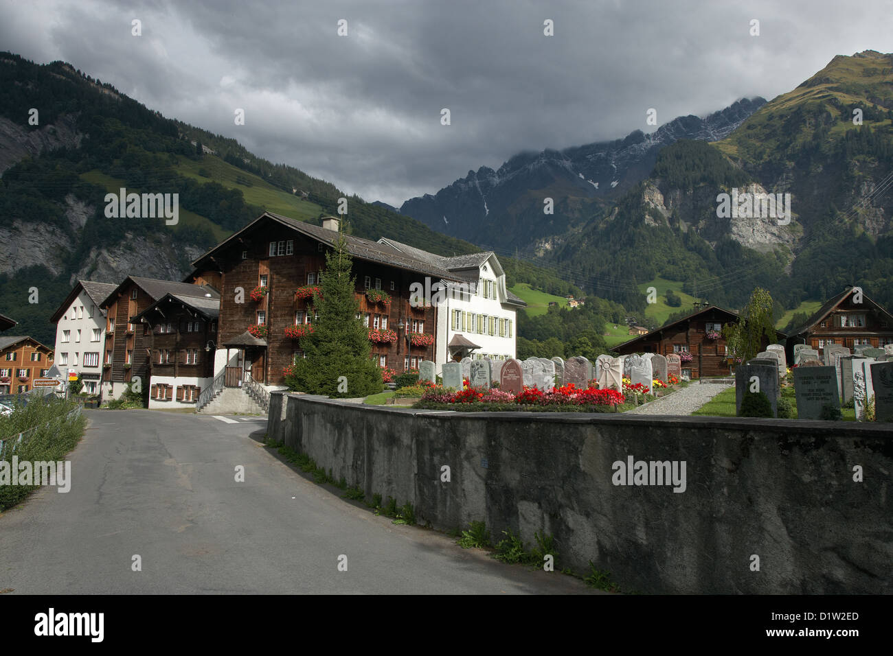 Elm, Switzerland, overlooking Elm with its historic houses Stock Photo